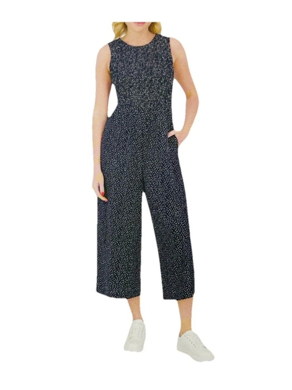 Andrew Marc Navy Polka Dot Sleeveless Jumpsuit XL Smocked Waist Recycled Fabric